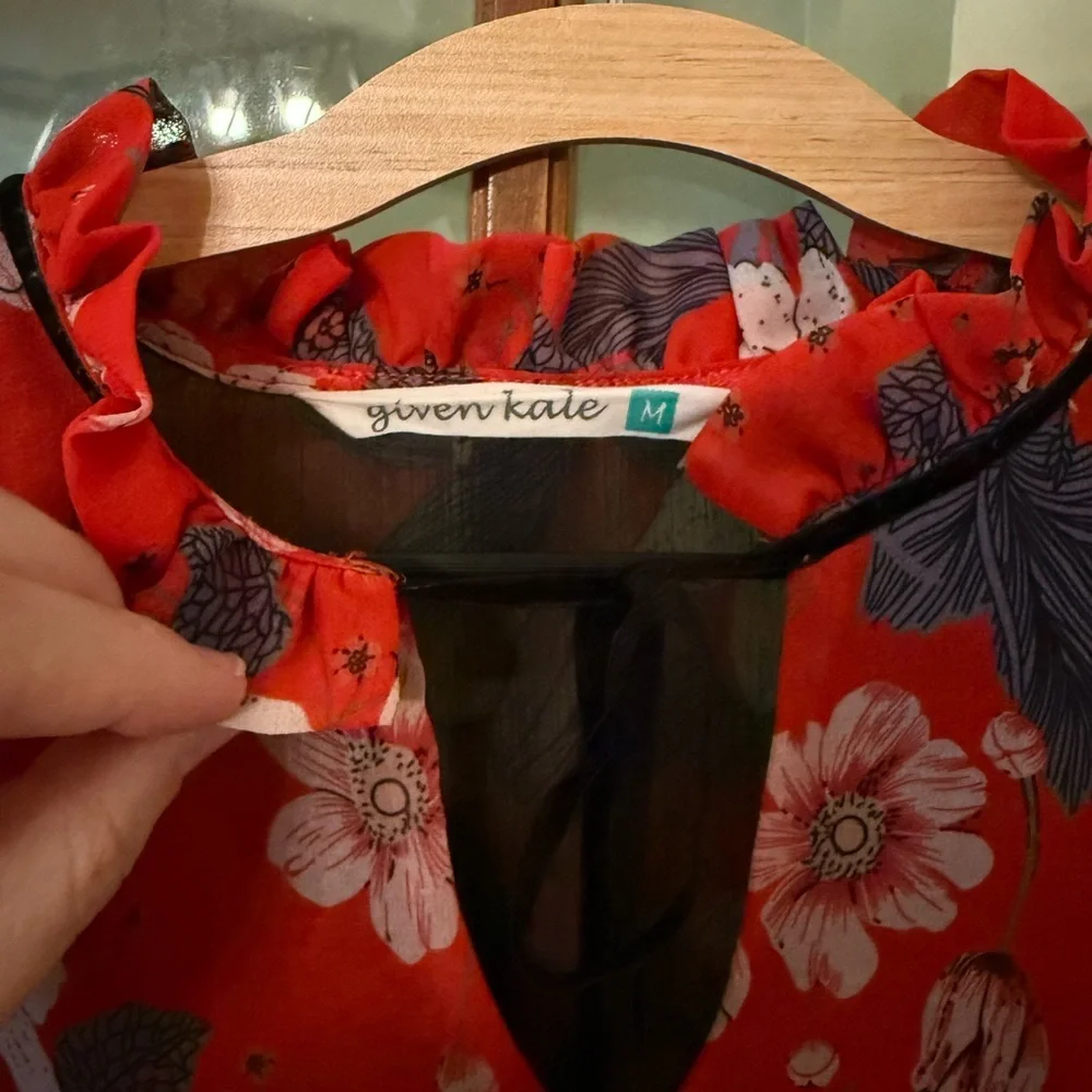 Given Kale Red Floral Blouse with Layered Ruffled Sleeves - Picture 2 of 3